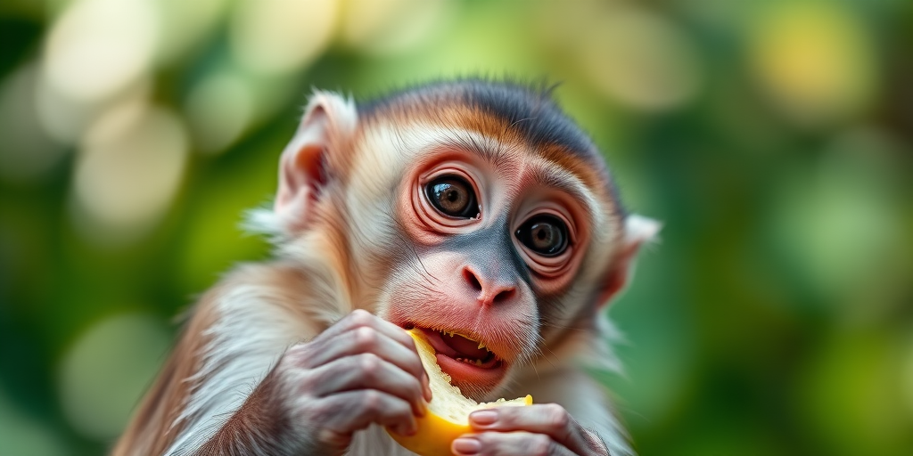 Capture a close-up of a monkey eating fruit, with shallow depth of field, 85mm lens at f/1.8, ISO 200, natural light, focus on the monkey's facial expression, with a blurred green background.
