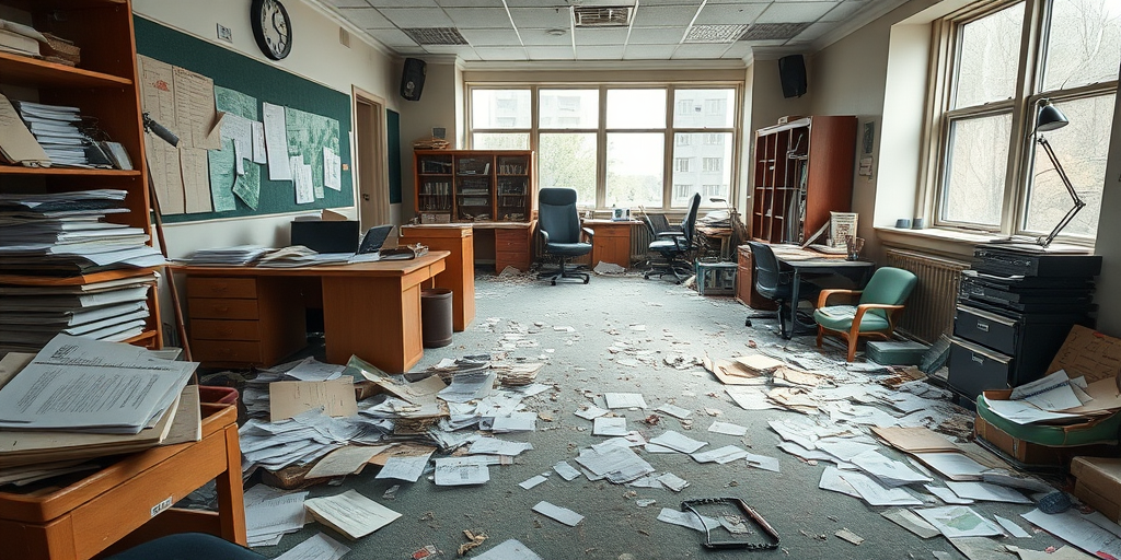 Create a highly detailed image of a cluttered, abandoned office with scattered papers and dust, shot with a Canon EOS R5 at f/1.8, ISO 200, 35mm lens, in natural light, with a focus on textures and depth of field for enhanced realism.