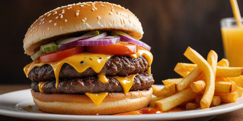 High-resolution, close-up image of a gourmet double cheeseburger. The burger features a glossy, sesame-seed-topped brioche bun. Inside, there are two thick, juicy beef patties, each topped with melted cheddar cheese. The burger is garnished with fresh lettuce, tomato slices, diced onions, and pickles. A generous amount of ketchup and a creamy, orange-colored sauce is dripping down the sides, adding to the mouth-watering appeal. In the background, there are blurred elements including a side of golden French fries and a hint of a beverage, enhancing the overall presentation of a delicious meal.