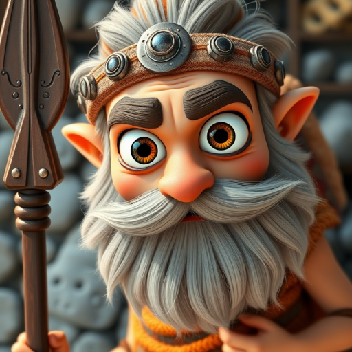 Regenerate a cartoon-style character with large googly eyes and an exaggerated beard, holding a spear, using a Canon EOS R5, f/2.8 aperture, ISO 100, 50mm lens, top-down view, vibrant colors, high contrast, and sharp focus.
