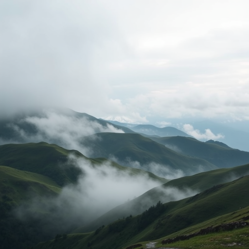 Regenerate a misty mountain landscape with rolling green hills, low-hanging clouds, and a distant snowy peak in soft focus, using a DSLR camera at f/8 aperture, ISO 200, 1/125 shutter speed, shot from a wide-angle perspective to capture the depth of the scene.