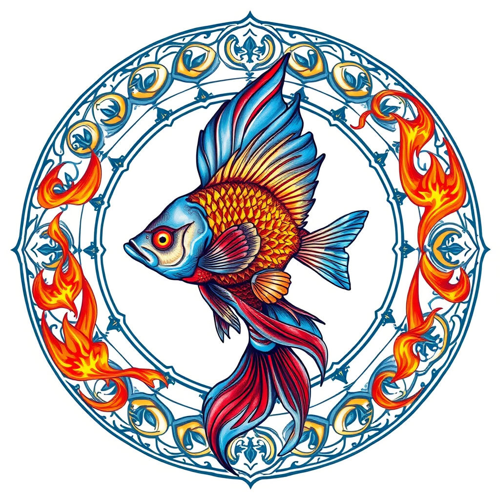regenerate a vibrant fish illustration, intricate circular design with flame elements, 50mm lens, f/2.8 aperture, ISO 100, natural light, top-down perspective, digital art style, high resolution