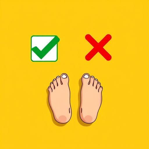 Create an illustration showing a pair of feet at the bottom, with a green check mark on the left and a red cross mark on the right, use a bright yellow background with vector style, shot with a Canon EOS R, aperture f/8, ISO 100, focal length 50mm, top-down view.