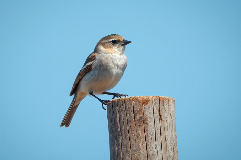 Capture a sharp, detailed image of a small bird perched on a wooden post, using a DSLR camera, 300mm lens, f/5.6 aperture, ISO 100, shutter speed 1/2000s, and a clear blue sky background.