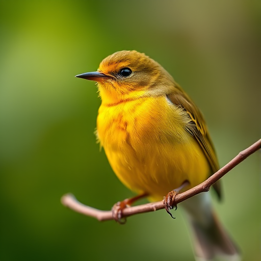 A vibrant close-up of a yellow-green bird perched on a delicate branch with a softly blurred green background, captured with a Canon EOS R5, 100mm f/2.8 macro lens, aperture f/2.8, shutter speed 1/200s, ISO 200, natural light for enhanced depth and detail.