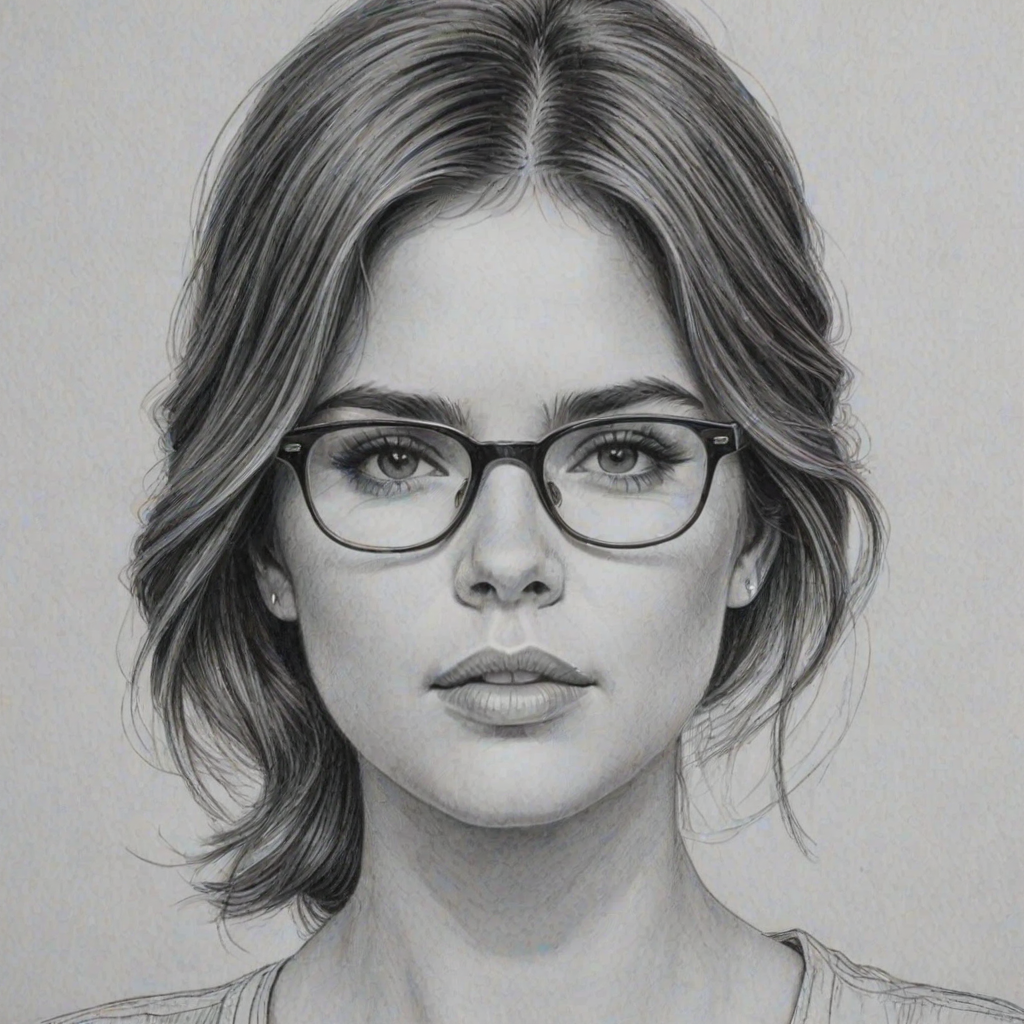 Captivating Shelley Hennig, pencil sketch, portrait of Enchanting woman 1966s in glasses, hair style beatnik, outline, clear lines, fine lines, 8k