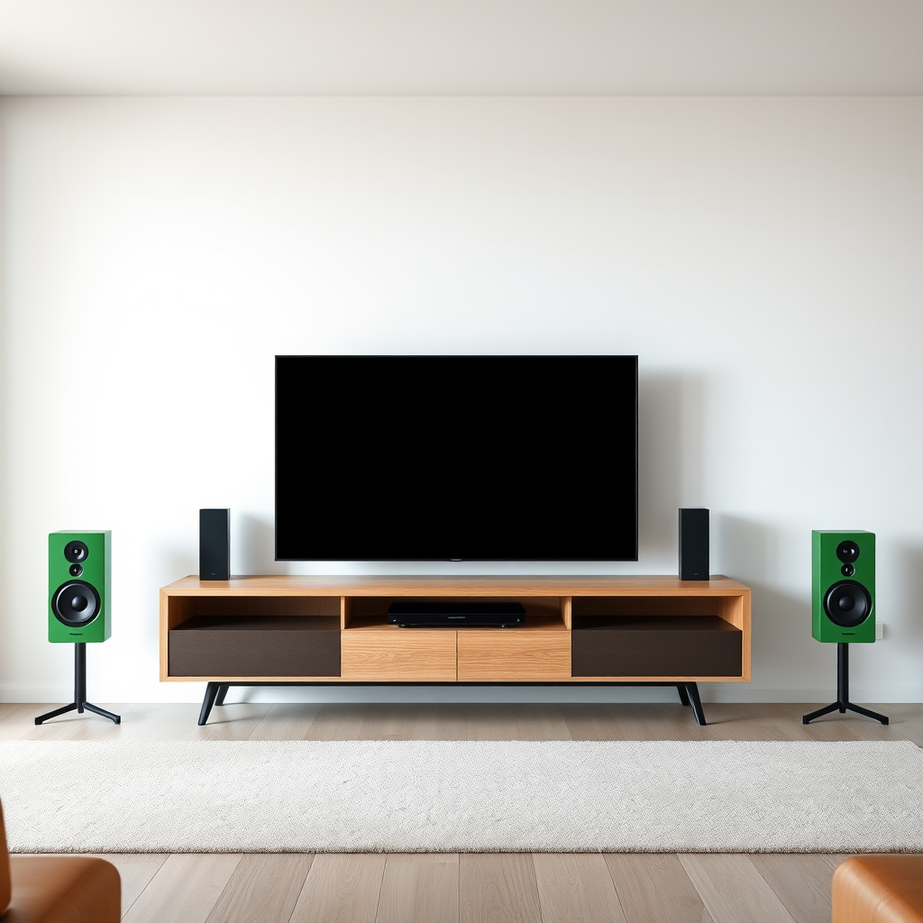 minimalist living room with a sleek modern TV on a light wood console, two green speakers on either side, soft diffuse lighting, captured with a Canon EOS R5 at f/8, ISO 100, 24mm, wide-angle view to enhance spaciousness and clarity