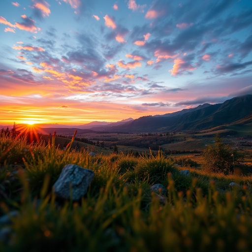 Create a high-resolution image of a serene landscape during sunset with vibrant colors, captured using a Canon EOS R5 at f/8, ISO 100, 1/200s, wide-angle lens, from a low angle view to emphasize the foreground scenery.