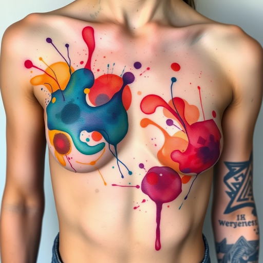 Whimsical watercolor splash tattoo covering the ribcage with abstract swirls and splatters in rainbow hues creating a playful and dynamic composition with seamless color transitions