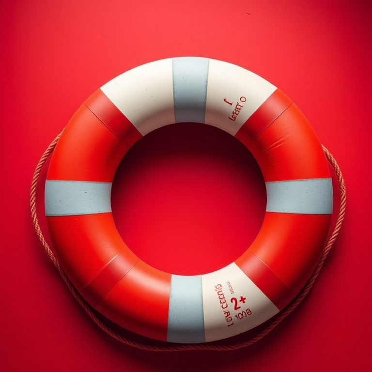 Create a high-resolution image of a life preserver with red and white sections, using a DSLR camera set to f/8 aperture, 50mm lens, ISO 100, with a shallow depth of field and a flat lay view for a clean and detailed presentation.