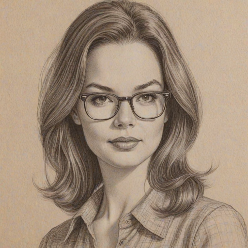 Charming Tammy Blanchard, pencil sketch, portrait of Pleasing woman 1970s in glasses, hair style beatnik, outline, clear lines, fine lines, 8k
