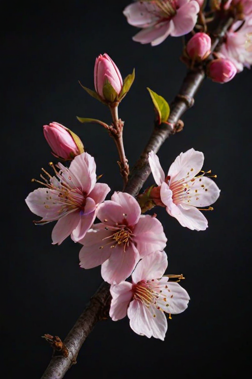 regenerate an image of cherry blossom branches with pink flowers and buds against a dark background
