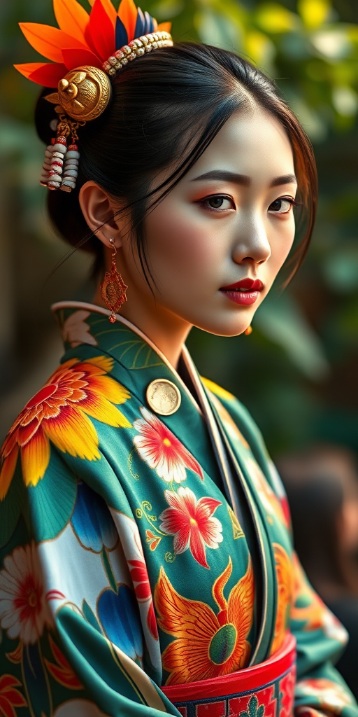 A beautiful Japanese girl, wearing colorful bird clothing with vibrant colors