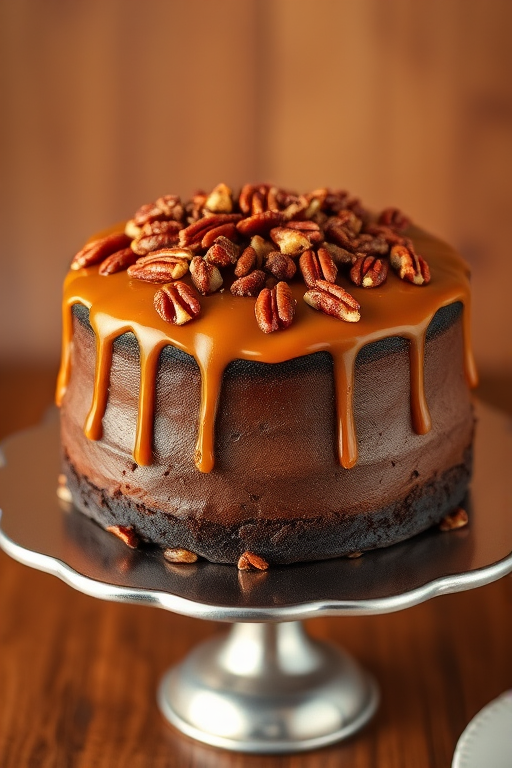 A beautifully decorated chocolate cake topped with caramel sauce and sprinkled with chopped pecans on a silver cake stand against a warm background.