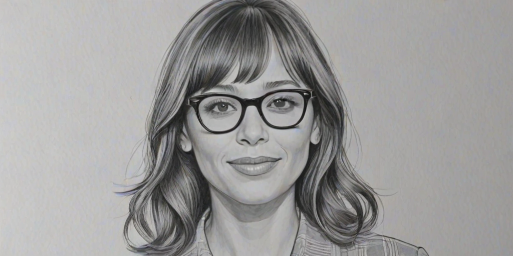 Sublime Rashida Jones, pencil sketch, portrait of Attractive woman 1964s in glasses, hair style beatnik, outline, clear lines, fine lines, 8k