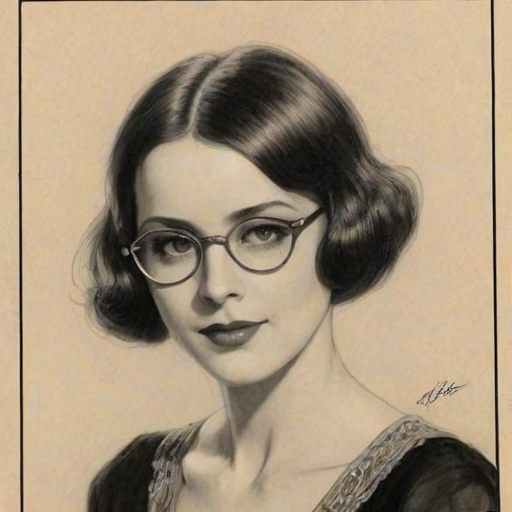 Fetching Emmy Lou Harris, pencil sketch, portrait of Superb woman 1928s in glasses, hair style beatnik, outline, clear lines, fine lines, 8k