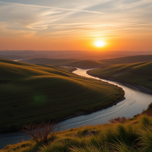 Create a high-resolution image of a serene landscape during sunrise, featuring rolling hills and a tranquil river, captured with a Canon EOS 5D Mark IV, 50mm lens, f/2.8 aperture, ISO 100, and a shutter speed of 1/200 sec, using a wide-angle view for enhanced depth.