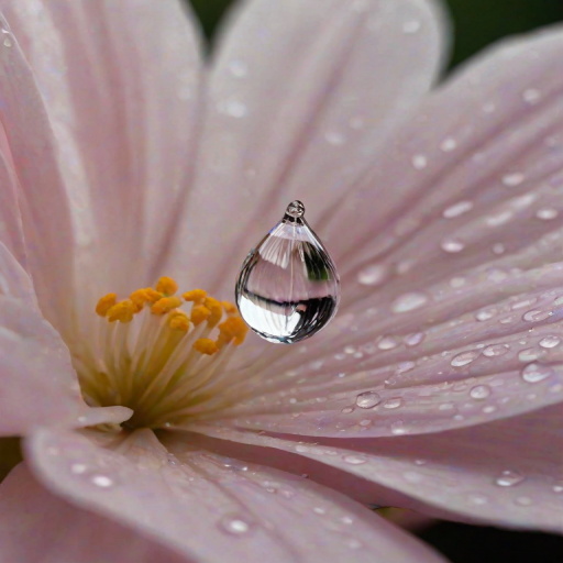 Sharp, high-resolution close-up of a raindrop resting on a delicate flower petal, soft sunlight reflecting off the water, tiny details of the petal's texture visible, and the fresh smell of rain.