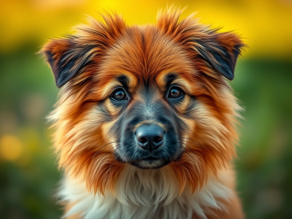 Regenerate the image of a fluffy dog with a vibrant coat, using a Canon EOS R5 camera, 85mm lens, f/1.8 aperture, ISO 200, natural light, shallow depth of field, head-on view with a soft focus background.
