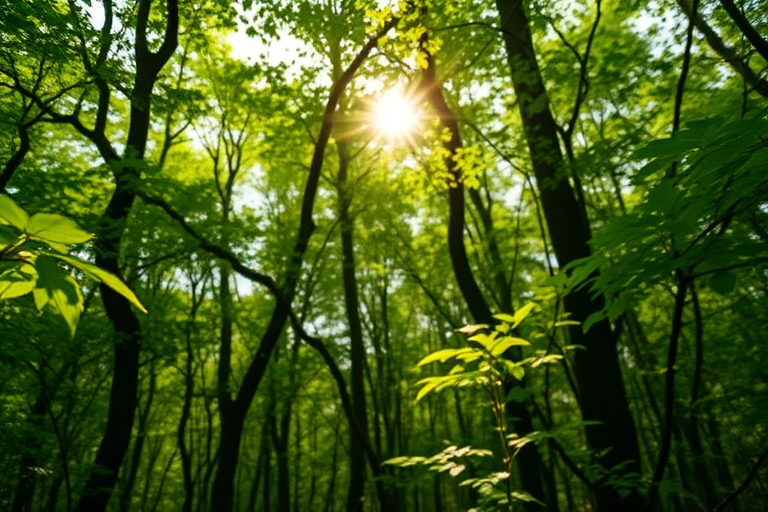 Create a high-resolution image of a lush forest with sunlight filtering through the leaves, use a Canon EOS R5 camera, 50mm f/1.8 lens, aperture set to f/2.8, ISO 100, and a shallow depth of field for a dreamy background blur, shot from eye level to capture the vibrant colors and intricate details.