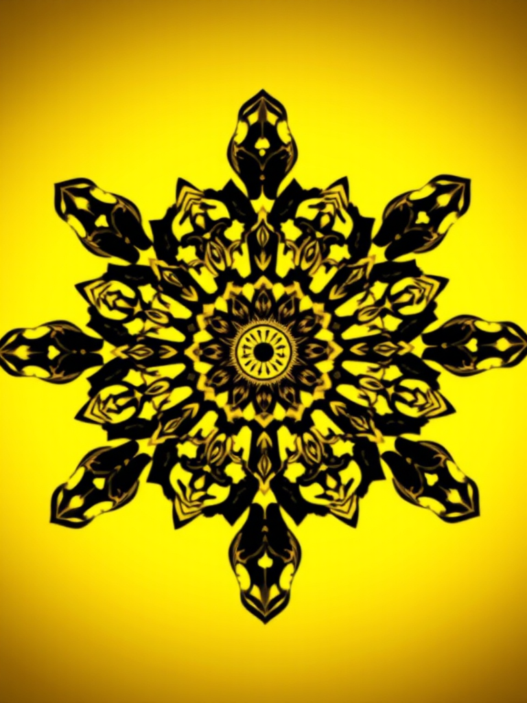 Generate a vibrant, symmetrical mandala with intricate patterns of black and gold against a bright yellow background, using a Canon EOS 5D Mark IV at f/8, 1/100s, ISO 100, in macro view for enhanced detail and clarity.