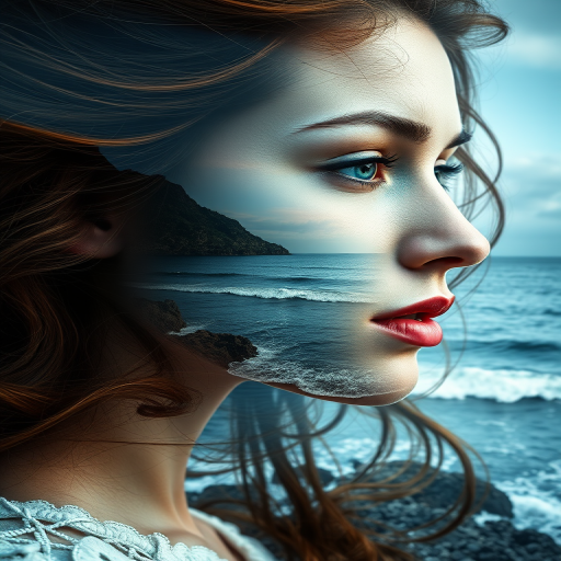 design Book cover, A surreal double exposure portrait that blends a woman's face with a beautiful seascape. The overall mood is dreamy and mystical, with rich colors and intricate details