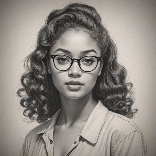 Attractive Aisha Dee, pencil sketch, portrait of Alluring woman 1952s in glasses, hair style beatnik, outline, clear lines, fine lines, 8k