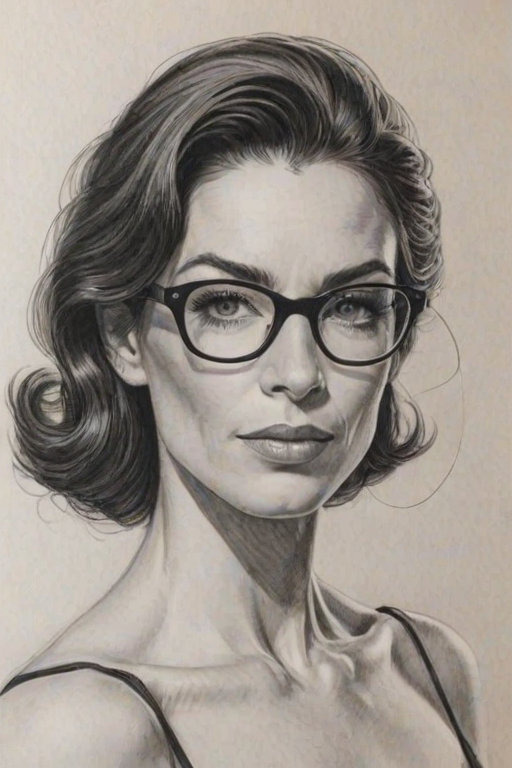 Bewitching Claudia Black, pencil sketch, portrait of Dazzling woman 1967s in glasses, hair style beatnik, outline, clear lines, fine lines, 8k