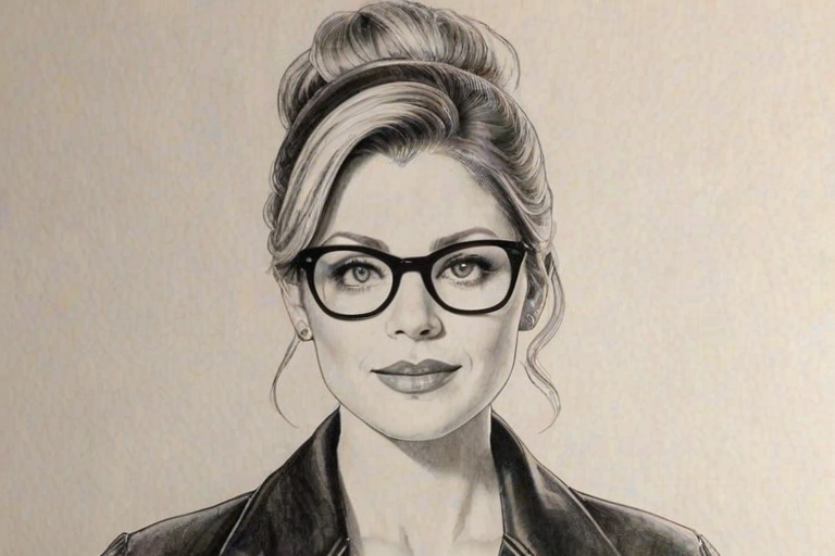 Ravishing Candace Cameron Bure, pencil sketch, portrait of Wonderful woman 1956s in glasses, hair style beatnik, outline, clear lines, fine lines, 8k