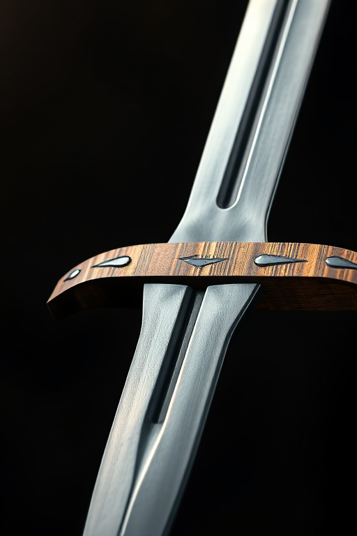 Create a highly detailed illustration of a sword with a polished metallic blade and a wooden hilt, shot with a DSLR camera at f/8 aperture, ISO 100, 50mm lens, and a shallow depth of field.