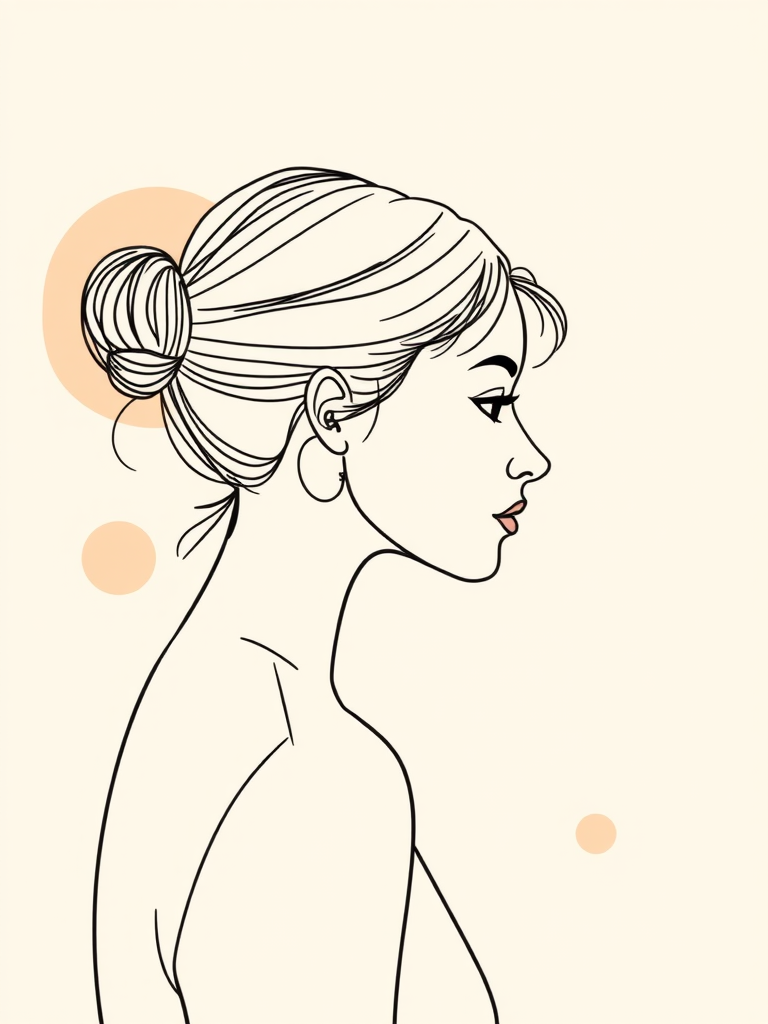 create a minimalist line drawing of a woman with a bun hairstyle facing sideways against a light beige background with abstract shapes in soft colors