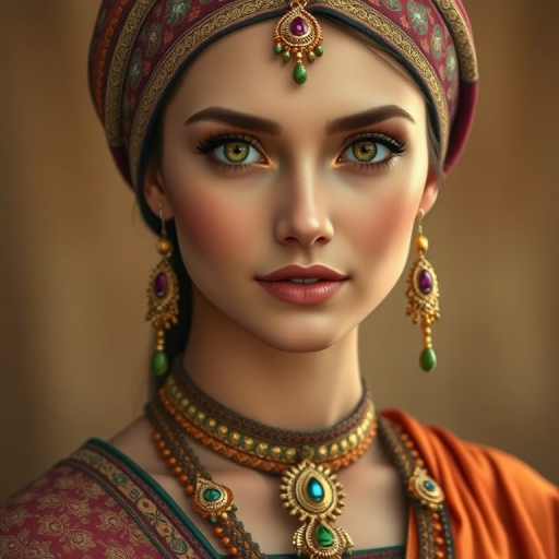 Create a portrait of a beautiful woman with striking hazel eyes and a gentle expression. She is adorned in traditional attire with intricate patterns, including a richly embroidered headscarf and matching garments. Her jewelry includes a delicate headpiece, dangling earrings, and ornate bracelets, all featuring vibrant gemstones and detailed metalwork. The background is soft and warm, enhancing the rich colors of her outfit and jewelry.