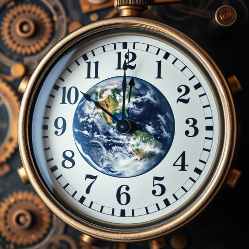 A close-up of a clock displaying Earth instead of typical clock face, set against a steampunk-style patterned background, using a DSLR camera with a 50mm lens, f/2.8 aperture, ISO 100, shot at a 1/100 sec shutter speed, natural lighting for enhanced clarity and detail.