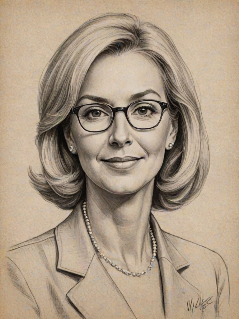 Enticing Betsy DeVos, pencil sketch, portrait of Fetching woman 1943s in glasses, hair style beatnik, outline, clear lines, fine lines, 8k