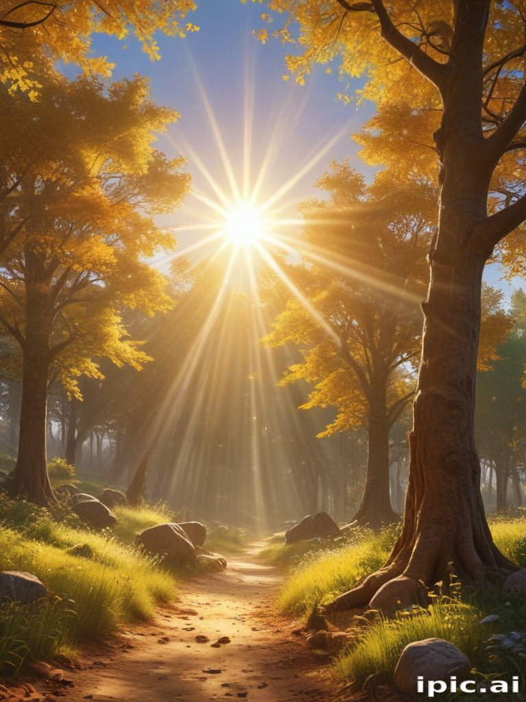 Sunlight Filtering Through Autumn Trees Along a Serene Forest Pathway