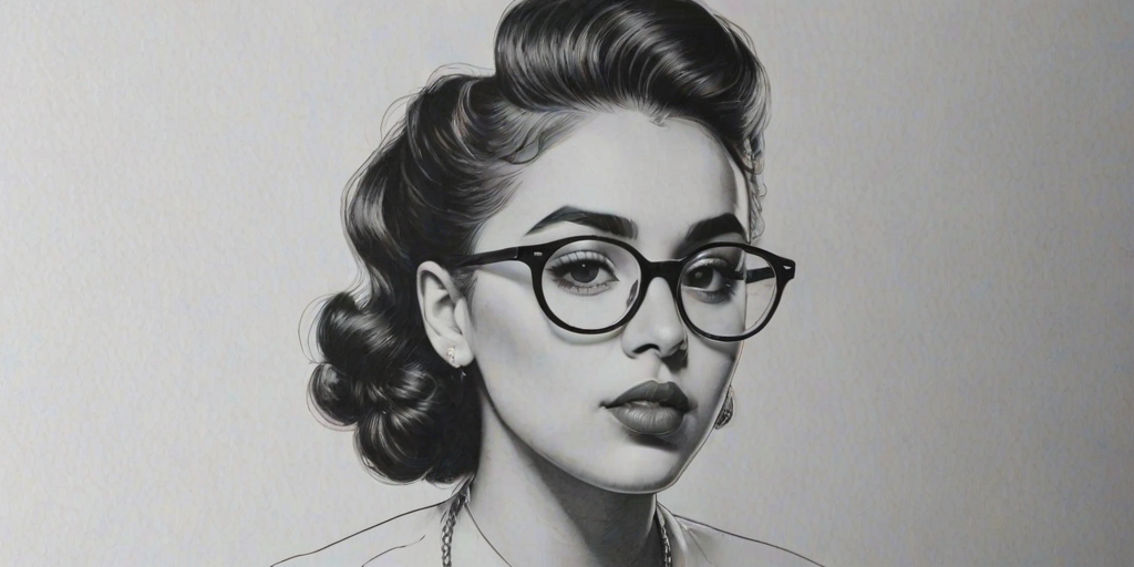 Fascinating Kali Uchis, pencil sketch, portrait of Fascinating woman 1938s in glasses, hair style beatnik, outline, clear lines, fine lines, 8k