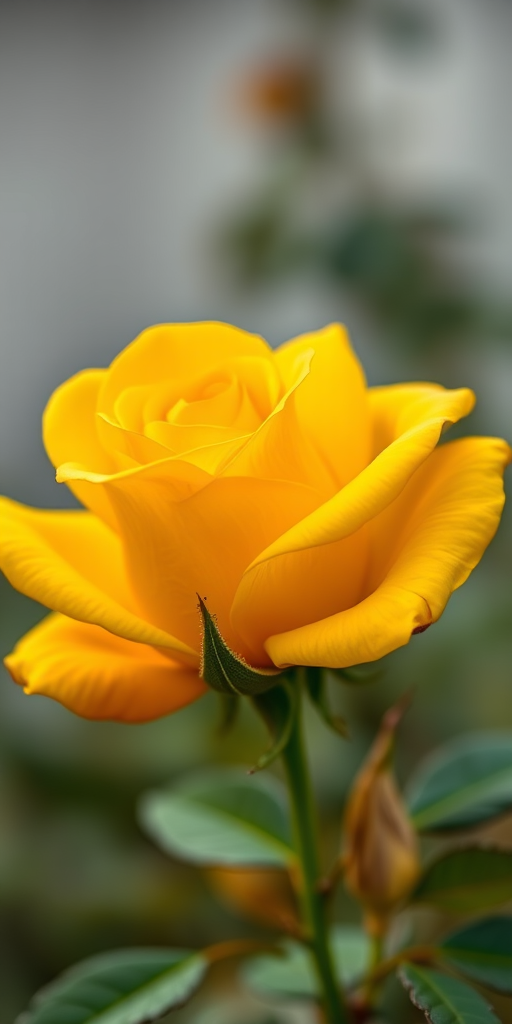High-resolution close-up of a vibrant yellow rose on a green stem with lush leaves, soft focus background, natural lighting, ISO 100, f/2.8 aperture, 50mm prime lens, DSLR camera.