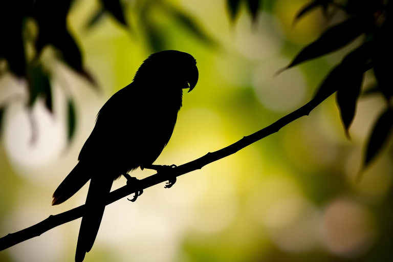 Create a high-quality image of a parrot silhouette perched on a branch, captured with a Canon EOS R5, 85mm lens, f/1.8 aperture, ISO 100, natural lighting, and a slight vignette effect.