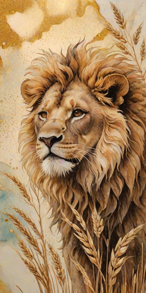 Soft, muted Alcohol Ink with ebru effect background image of tiny whimsical lion, who climbed high on the top of a golden rye ear.