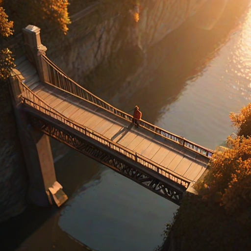 afternoon, sunset, natural lighting, bridge focus, CandiBRIDGE, no humans, from above, negative space, intricately detailed illustration, depth of field, atmospheric perspective, orange theme