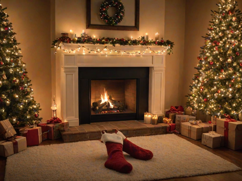 Warmly lit photo of a cozy fireplace with stockings hanging above, soft glow of flames casting warm light on a nearby Christmas tree decorated with twinkling lights.