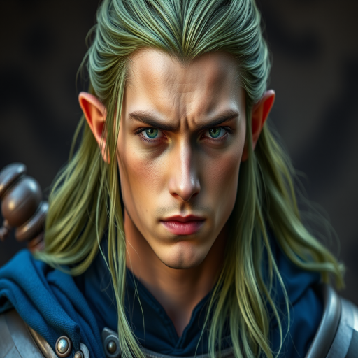 Create a high-resolution portrait of a young man with long green hair and a serious expression, wearing a blue outfit and armor, shot with a Canon EOS R5, 85mm lens, aperture f/1.8, ISO 100, natural lighting, focused on the face.