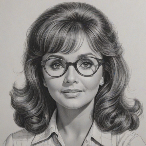 Wonderful Dawn Wells, pencil sketch, portrait of Pleasing woman 1960s in glasses, hair style beatnik, outline, clear lines, fine lines, 8k