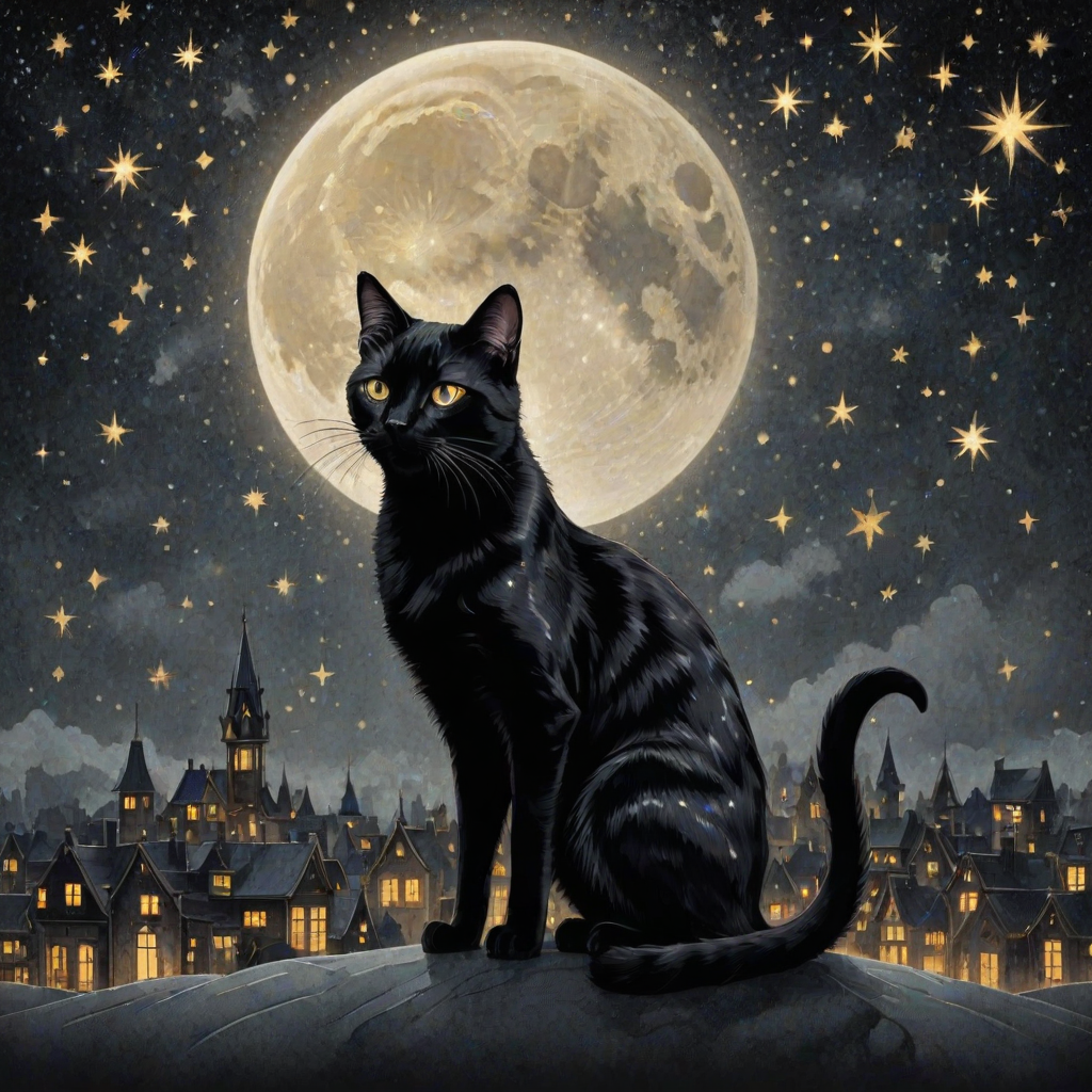 a stylized black cat with iridescent golden arabesques all over its body, on a grungy smoky black background with matching celestial designs, a full moon with silhouettes of lit houses, bright shooting stars, dazzling, magical BG, reminiscent of Christmas wonderland