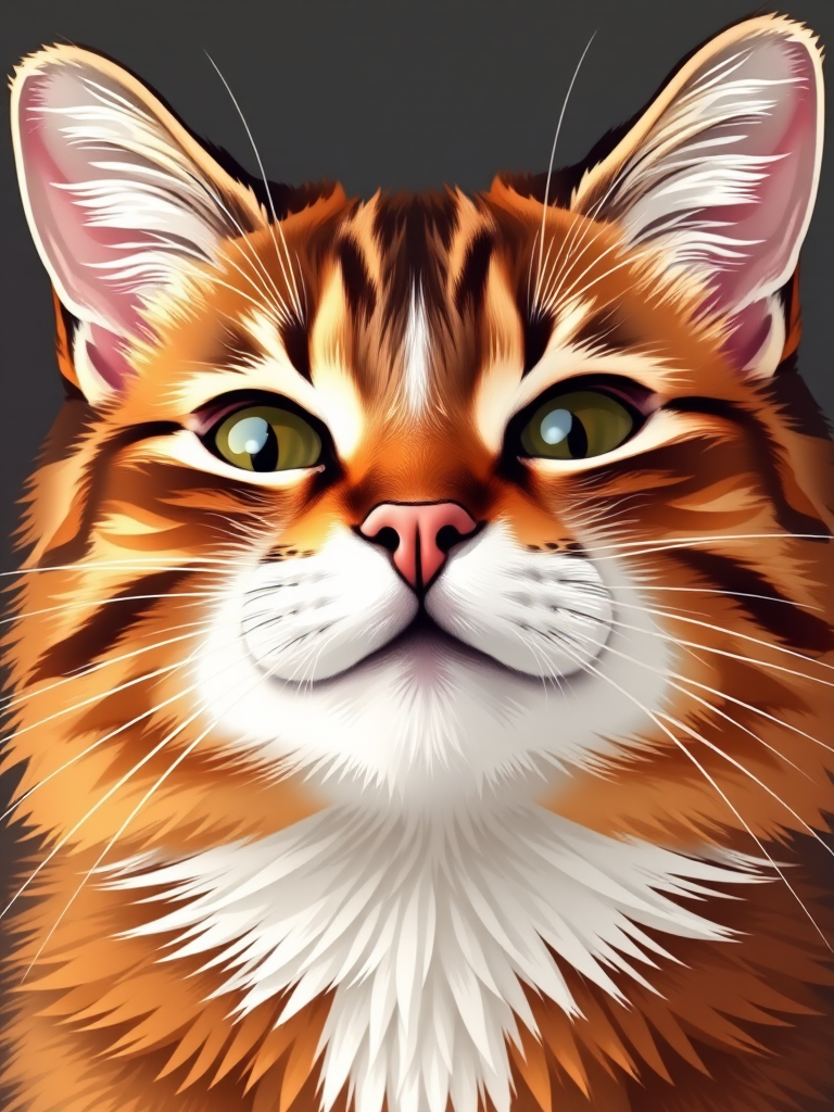 Create a high-resolution vector illustration of a smiling cat face with a brown and white coat, emphasizing soft textures and warm colors, using a 50mm lens, f/2.8 aperture, and a Canon DSLR camera for a crisp and vibrant image.