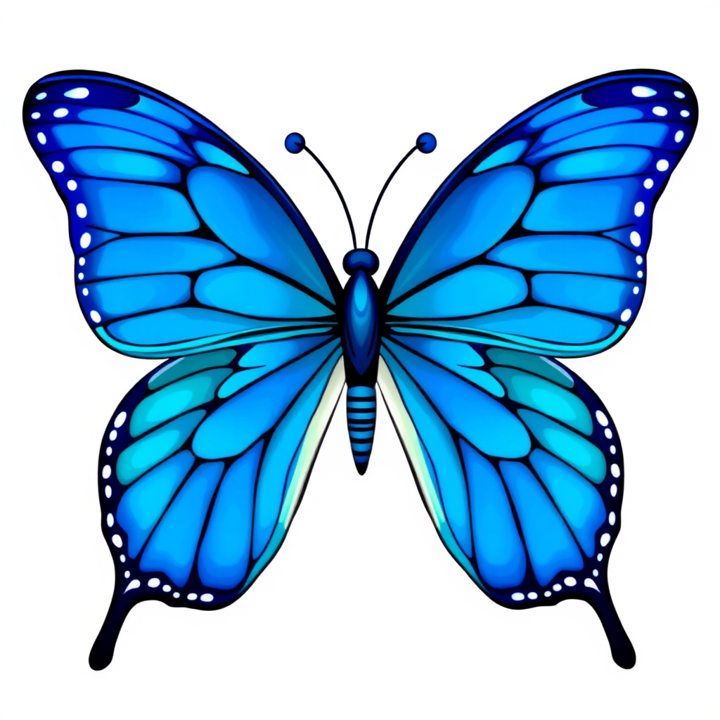 Create an illustration of a butterfly with vibrant blue and teal wings. The wings should have intricate patterns, including shades of purple and white accents. The butterfly should appear delicate and graceful, set against a clean, light background.