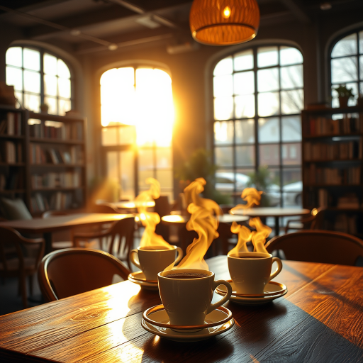 Warmly lit image of a cozy coffee shop interior, steam rising from cups of coffee on a wooden table, with soft golden light streaming through large windows, and bookshelves lining the walls.