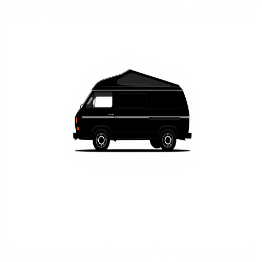 Create a high-resolution vector graphic of a simple black camper van on a white background, using a digital camera with a 35mm lens, f/2.8 aperture, ISO 100, shot from eye level with a minimalist style.