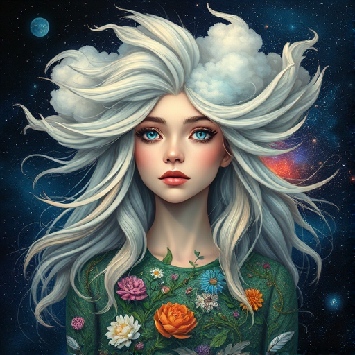 Create a series of imaginative portraits where each subject is infused with elements of fantasy and nature. The hair of the individuals should flow like clouds, varying from soft, fluffy cumulus to wispy cirrus strands, with hints of color reflecting a sunset or a clear blue sky. The eyes should be windows to entire galaxies, with stars, nebulae, and distant planets visible within them. Clothing should be adorned with nature motifs, such as floral patterns that bloom and change, vines that seem to grow and wrap around, or feathers that shimmer with iridescence. Each portrait should capture a unique personality, blending human features with the ethereal beauty of the natural and cosmic world. The backgrounds can vary, from starry night skies to enchanted forests, adding depth and context to the magical realism of the portraits
