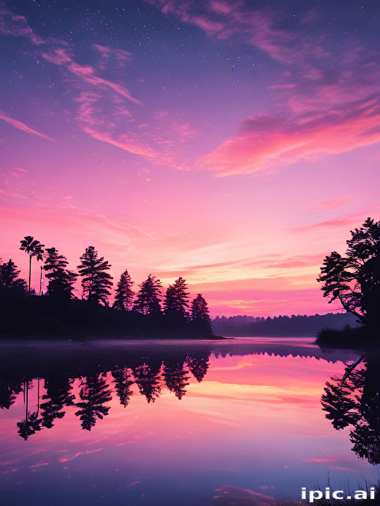 Tranquil Sunset Over Calm Waters with Vibrant Colors and Silhouetted Trees